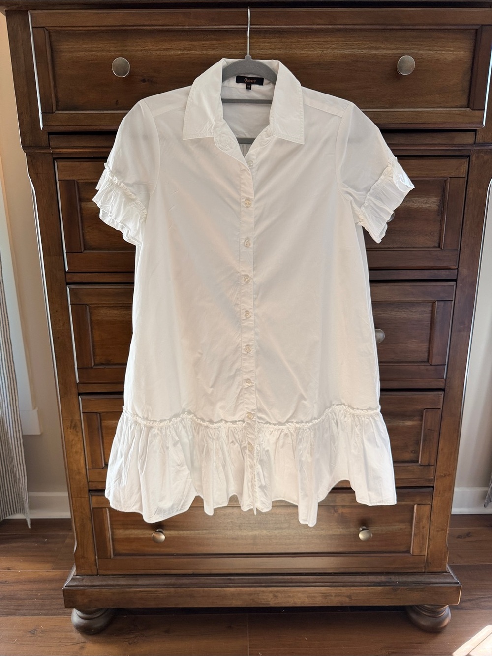 Quince White Ruffle-Hem Button-Down Shirt Dress